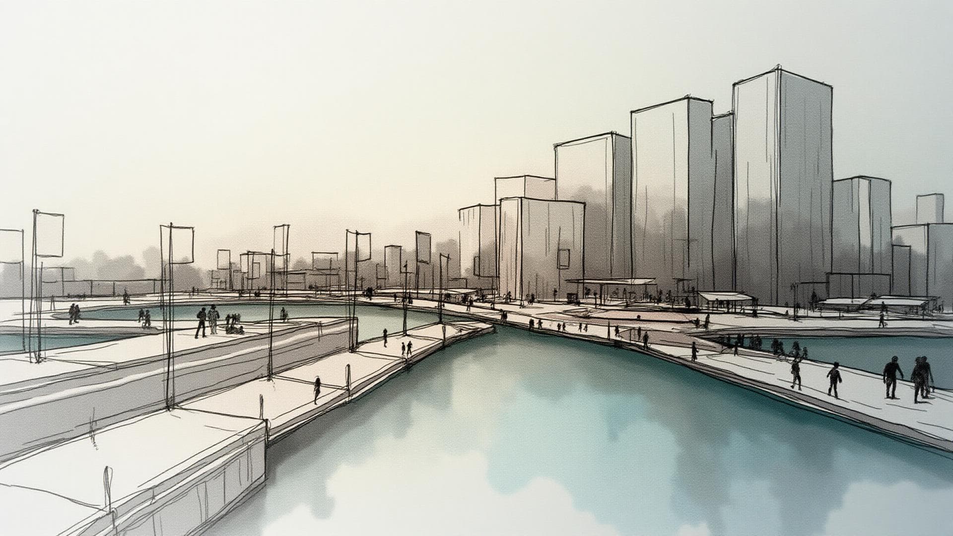 Architectural sketch of an urban waterfront development