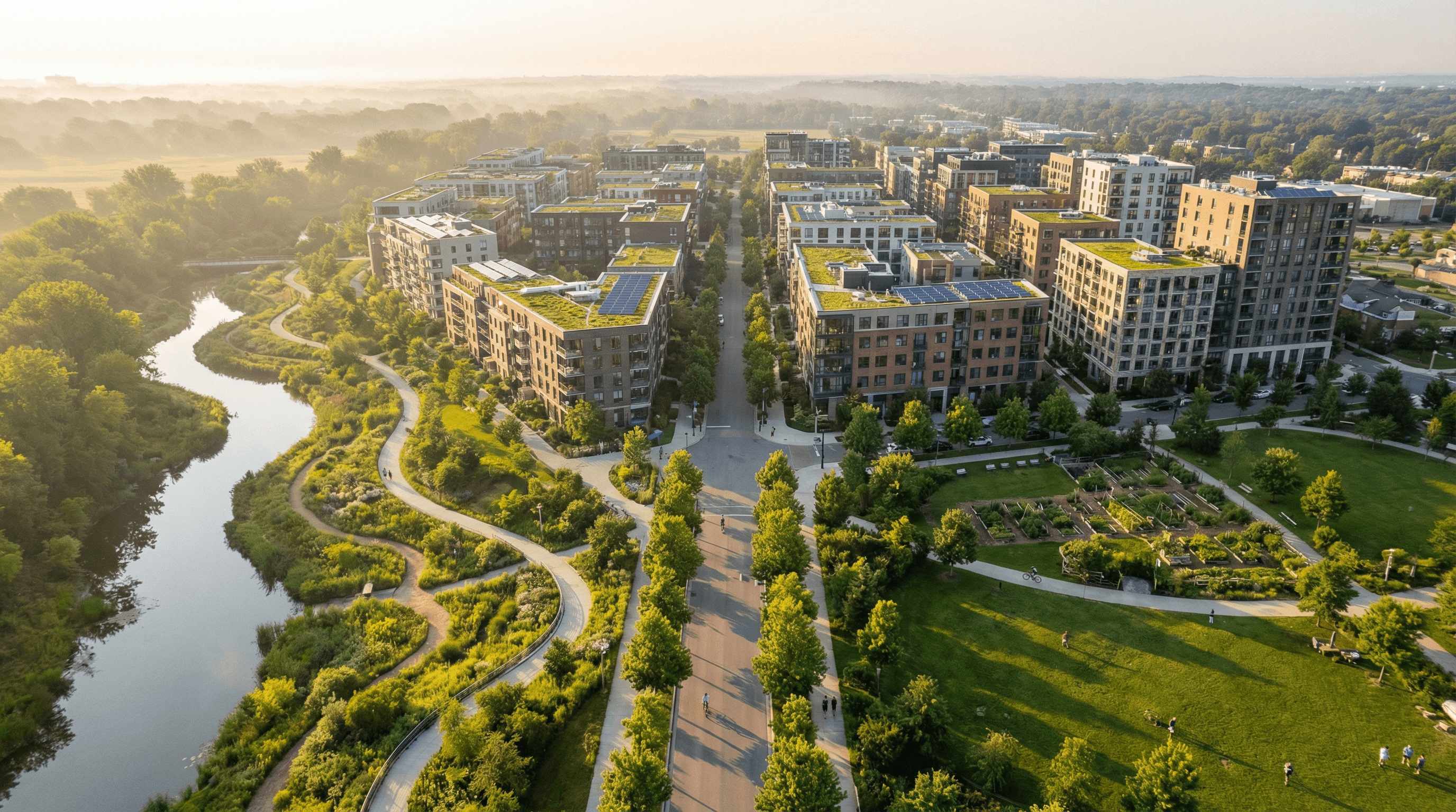 Aerial view of a sustainable urban development surrounded by greenery